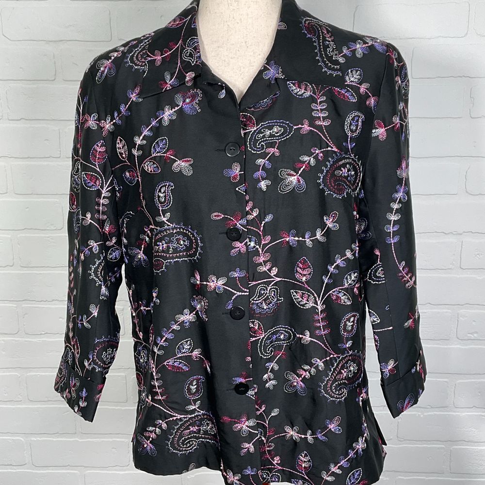 Silkland Blouse Black‎ Pink Purple Paisley Floral Silk Embroidered Tunic Boho